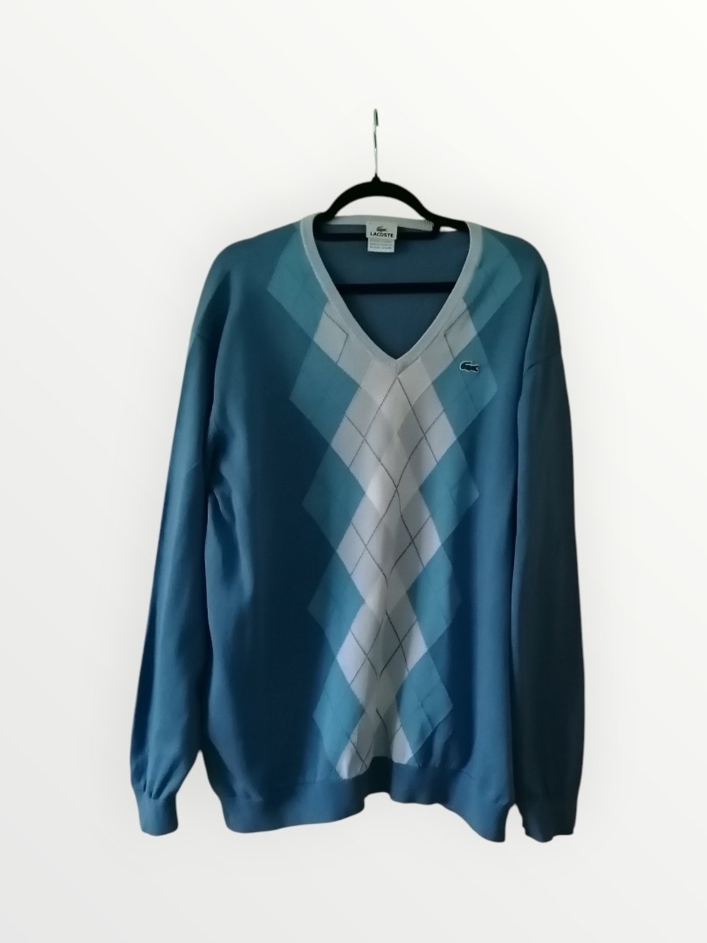 Lacoste Men's Teal and Light-Blue Argyle V-Neck Sweater Size 7